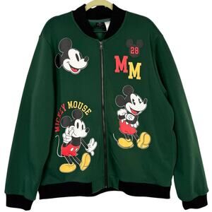 Disney Mickey Mouse Graphic Print Zip Up Felt Lined Bomber Varsity Jacket Small